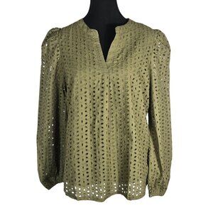 NWT | Olive Green Eyelet Embroidered Lace V-Neck Blouse Puff Sleeve | Medium